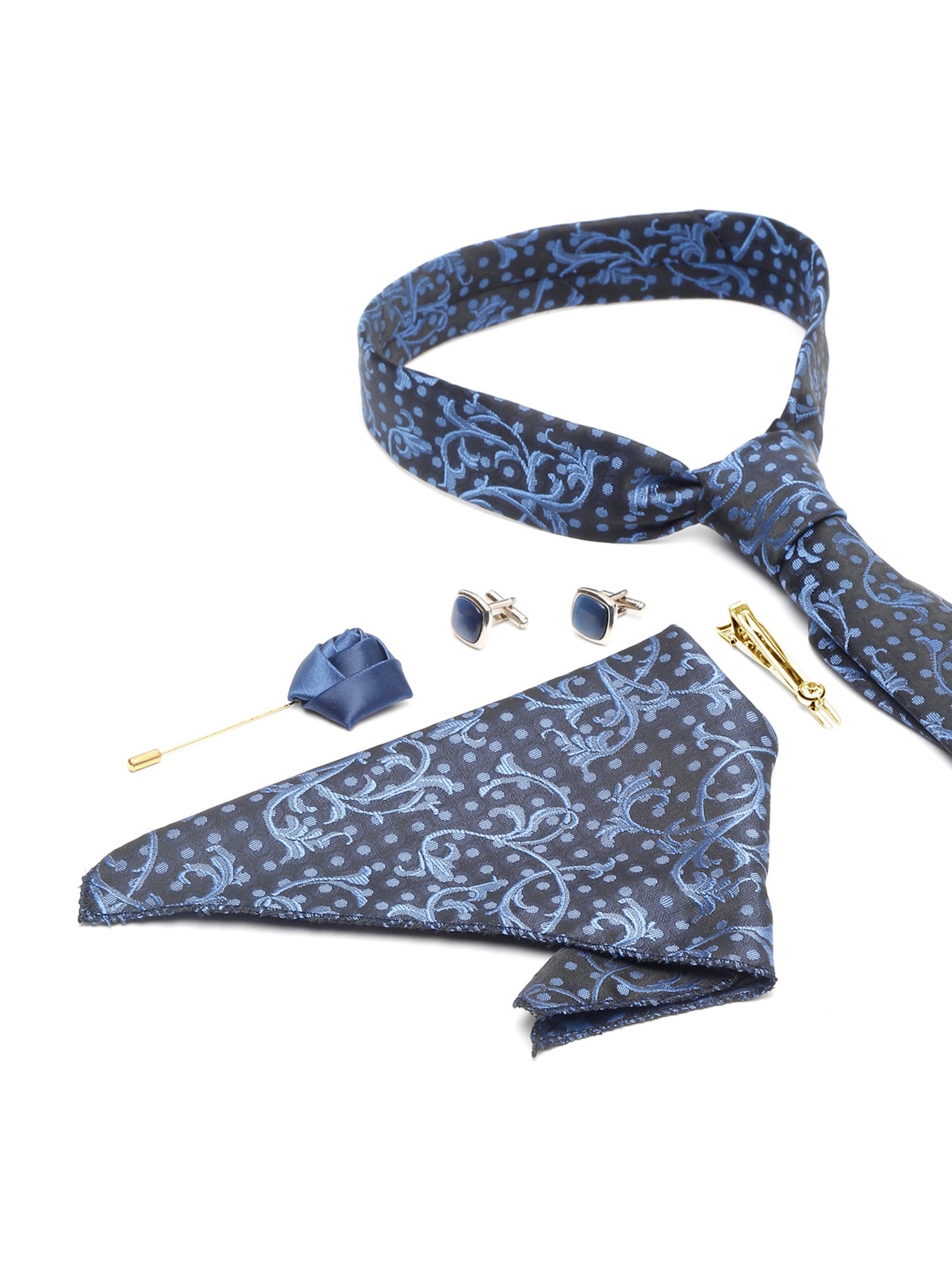 Prussian Blue Luxury Italian Silk Necktie Set With Pocket Square Cufflinks Brooch Gold Tie pin