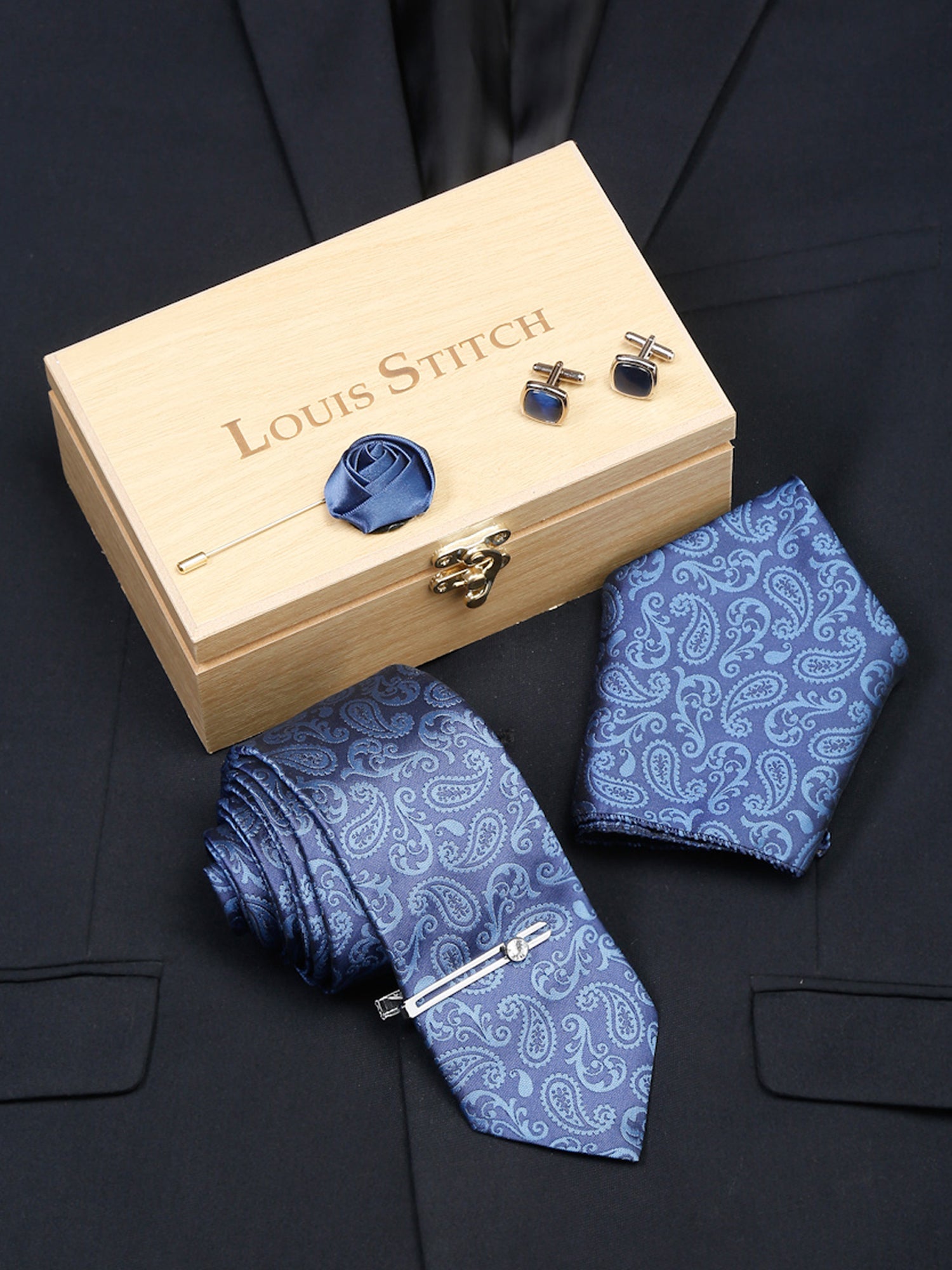 Cobalt Blue Luxury Italian Silk Necktie Set With Pocket Square Cufflinks Brooch Chrome Tie pin