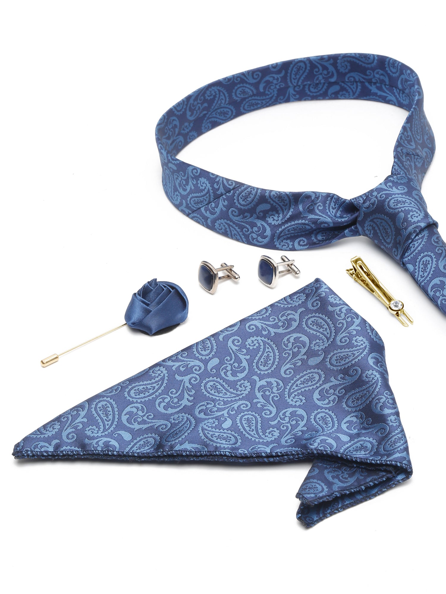 Cobalt Blue Luxury Italian Silk Necktie Set With Pocket Square Cufflinks Brooch Gold Tie pin