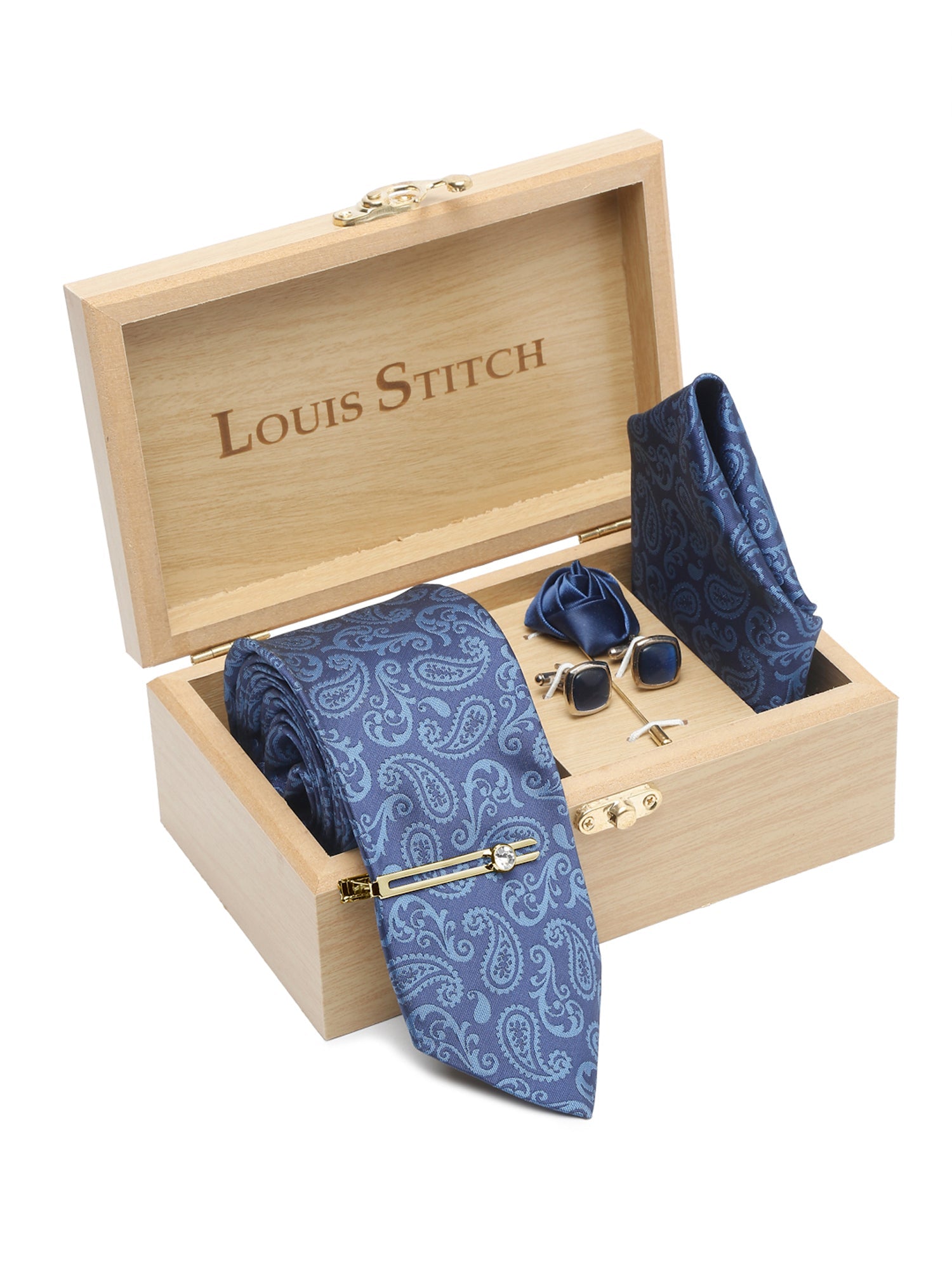 Cobalt Blue Luxury Italian Silk Necktie Set With Pocket Square Cufflinks Brooch Gold Tie pin