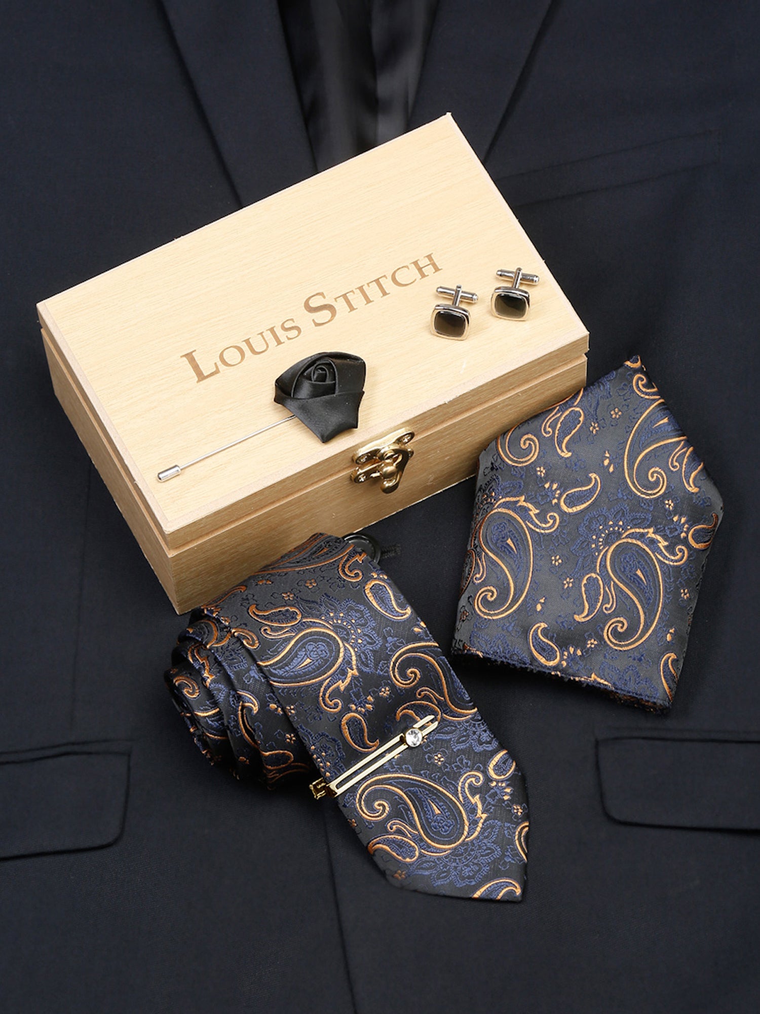 Sapphire Blue Luxury Italian Silk Necktie Set With Pocket Square Cufflinks Brooch Gold Tie pin