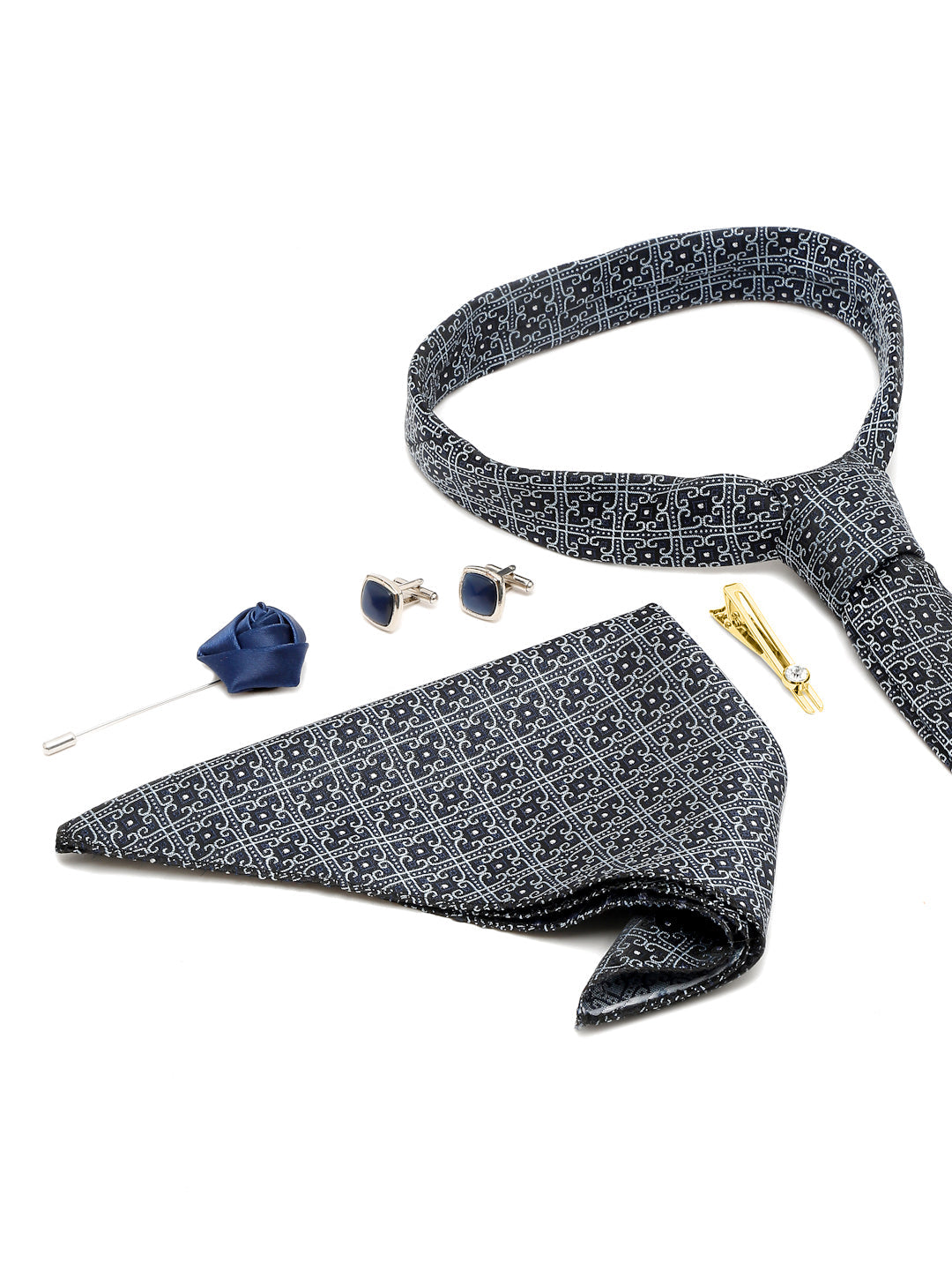 Denim Blue Italian Silk Necktie Set Pocket Square Golden Tiepin cufflinks and Brooch