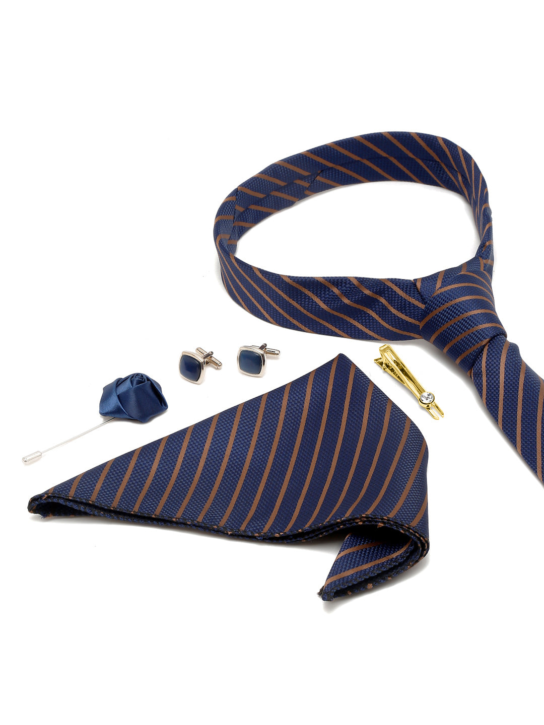 Royal Blue Italian Silk Necktie Set Pocket Square Golden Tiepin cufflinks and Brooch