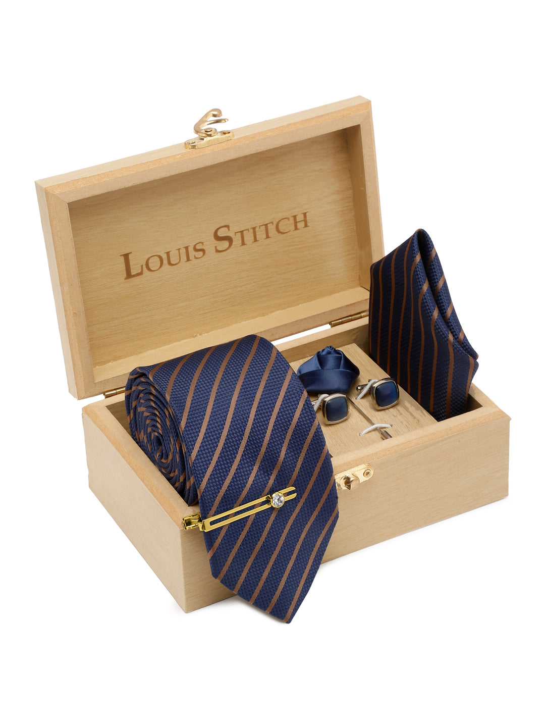 Royal Blue Italian Silk Necktie Set Pocket Square Golden Tiepin cufflinks and Brooch