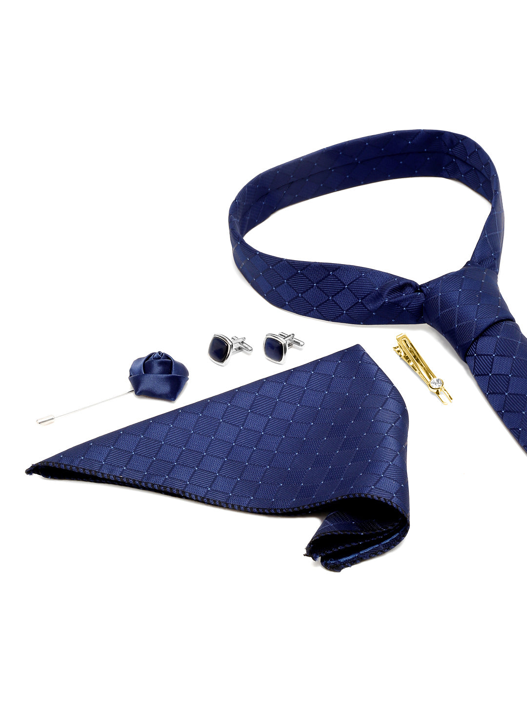 Marine Blue Italian Silk Necktie Set Pocket Square Golden Tiepin cufflinks and Brooch