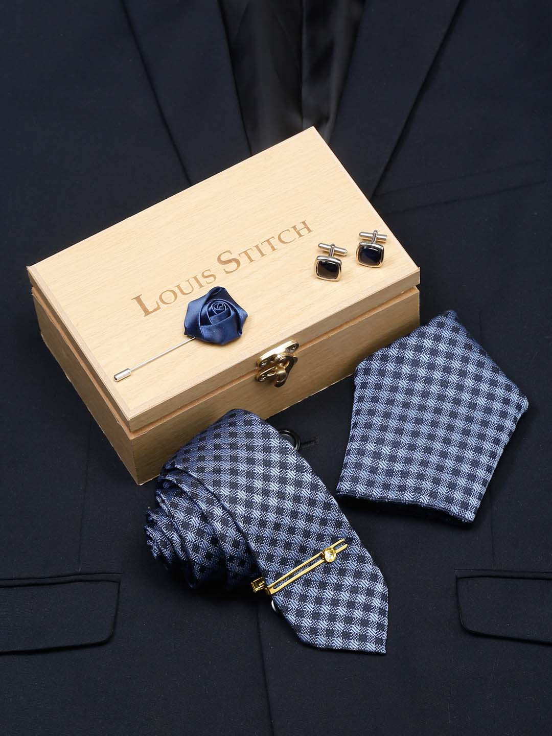 Space Blue Luxury Italian Silk Necktie Set With Pocket Square Cufflinks Brooch Gold Tie pin