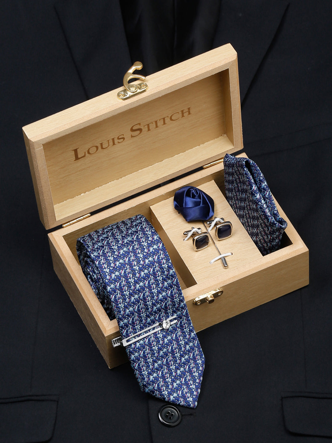  Pigeon Blue Luxury Italian Silk Necktie Set With Pocket Square Cufflinks Brooch Chrome Tie pin