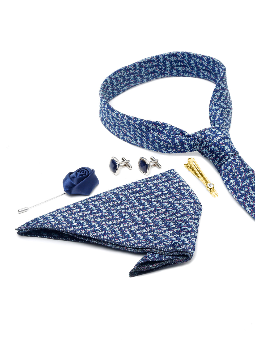 Pigeon Blue Luxury Italian Silk Necktie Set With Pocket Square Cufflinks Brooch Gold Tie pin