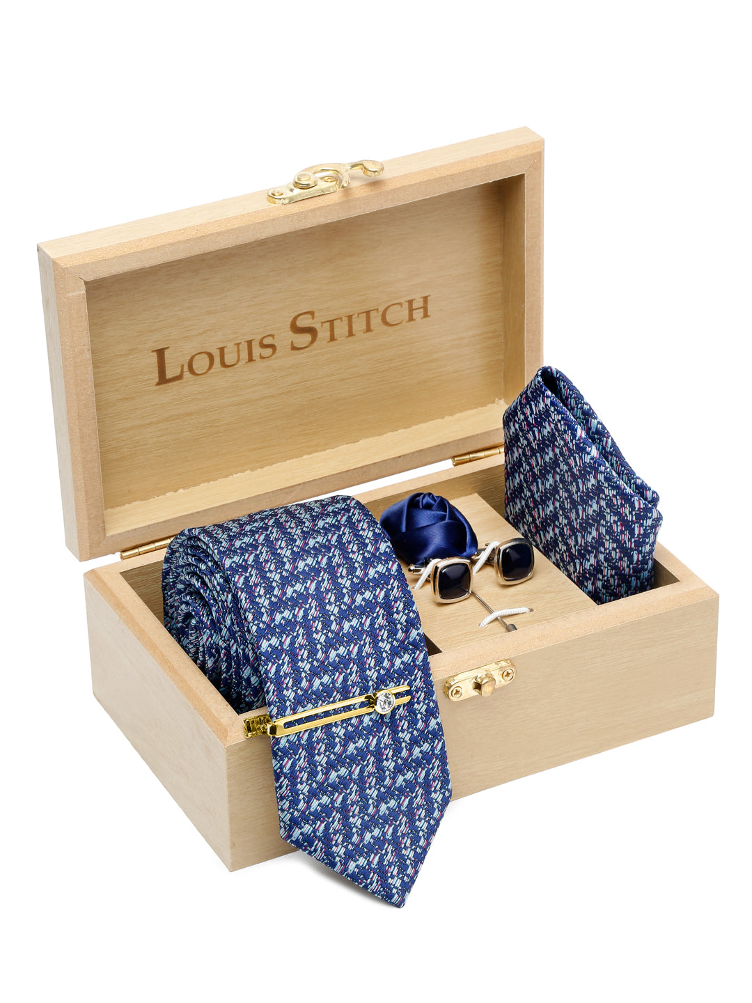 Pigeon Blue Luxury Italian Silk Necktie Set With Pocket Square Cufflinks Brooch Gold Tie pin