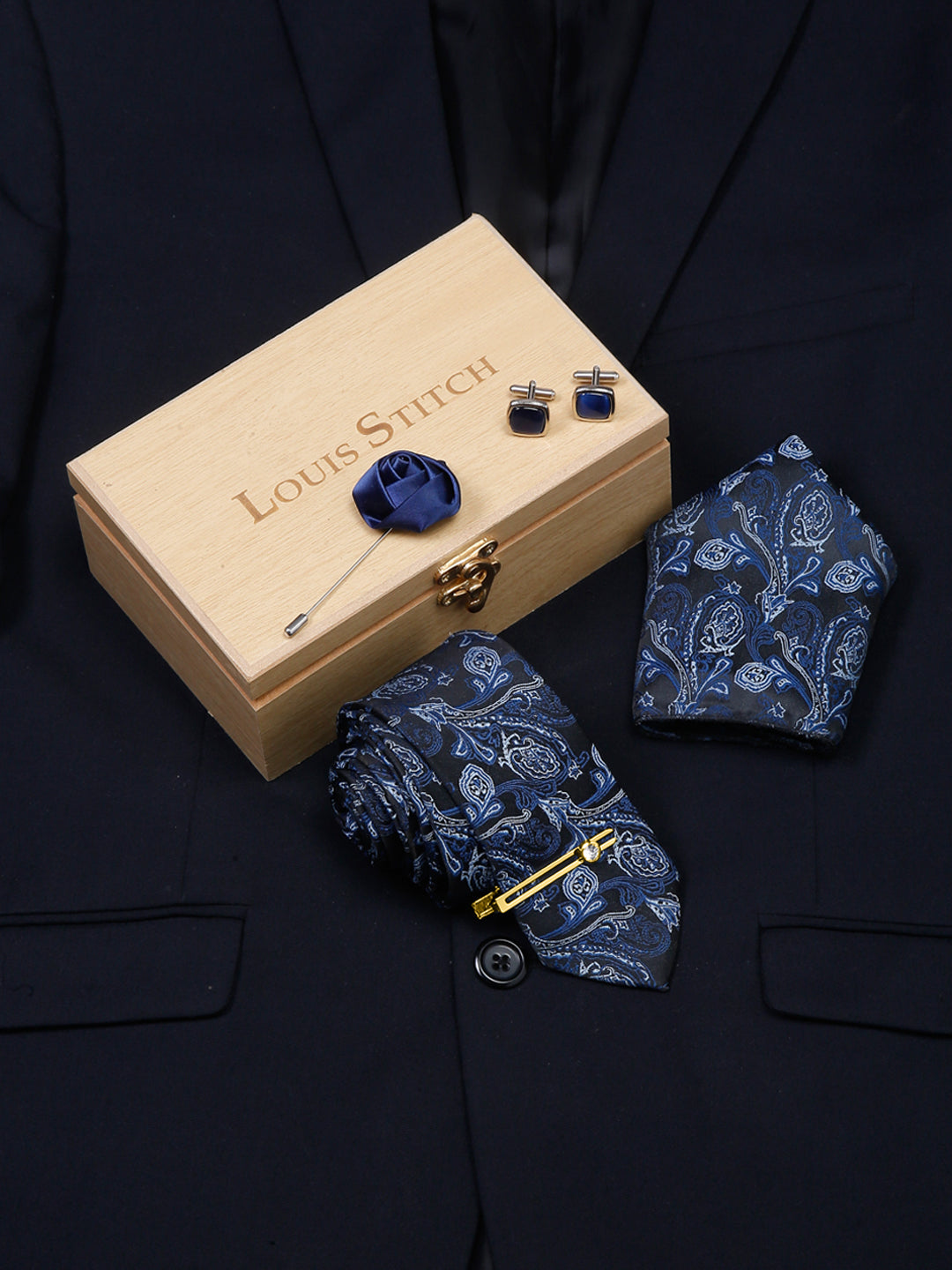 Carolina Blue Luxury Italian Silk Necktie Set With Pocket Square Cufflinks Brooch Gold Tie pin