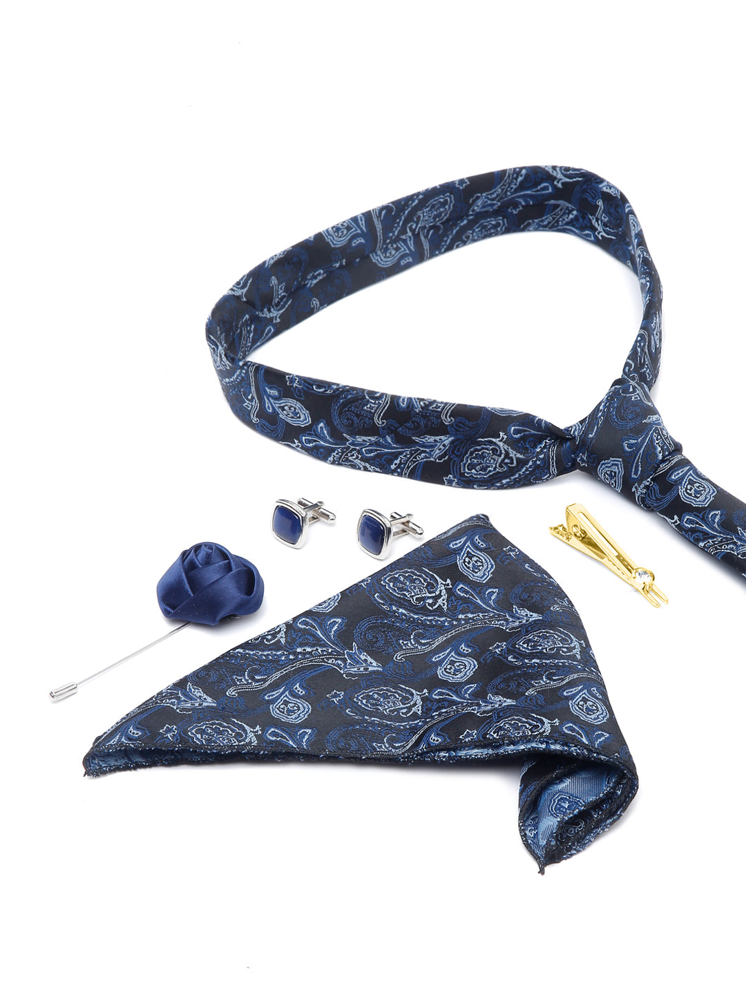 Carolina Blue Luxury Italian Silk Necktie Set With Pocket Square Cufflinks Brooch Gold Tie pin