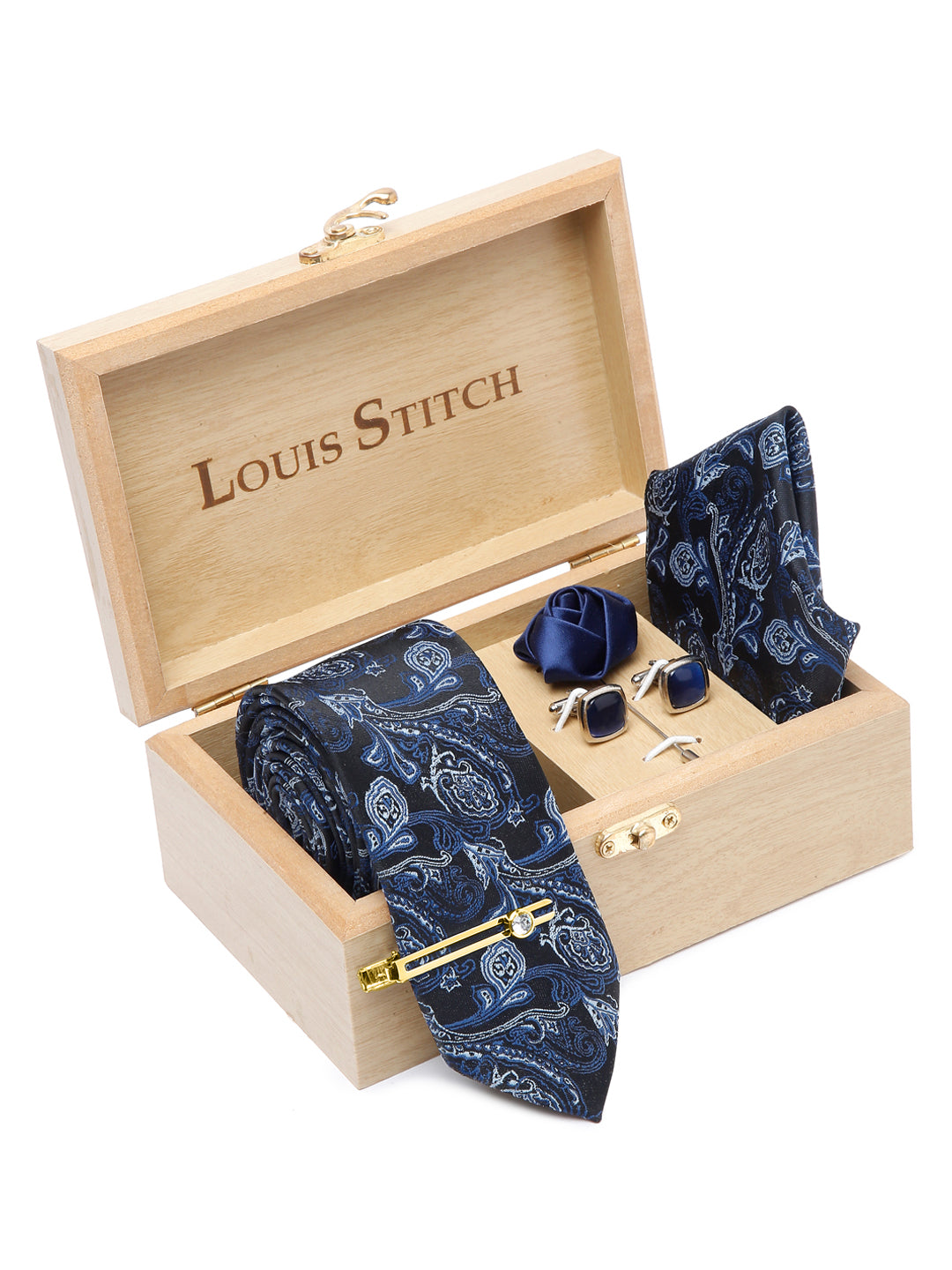 Carolina Blue Luxury Italian Silk Necktie Set With Pocket Square Cufflinks Brooch Gold Tie pin