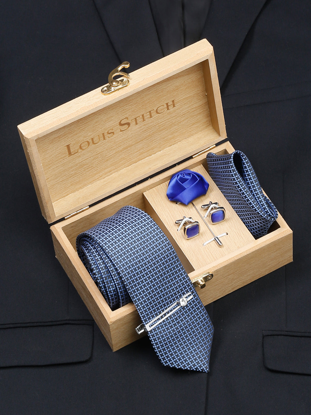  Aegean Blue Luxury Italian Silk Necktie Set With Pocket Square Cufflinks Brooch Chrome Tie pin