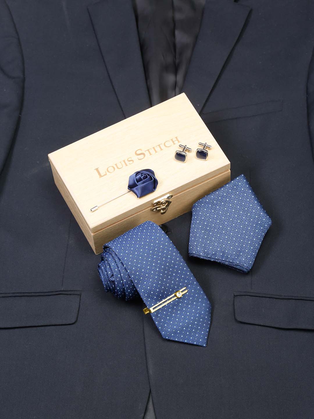 Midnight Blue Luxury Italian Silk Necktie Set With Pocket Square Cufflinks Brooch Gold Tie pin