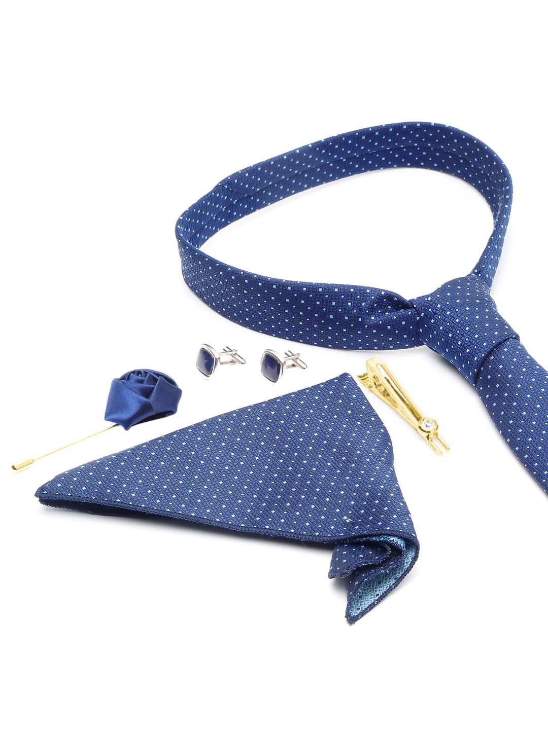 Midnight Blue Luxury Italian Silk Necktie Set With Pocket Square Cufflinks Brooch Gold Tie pin