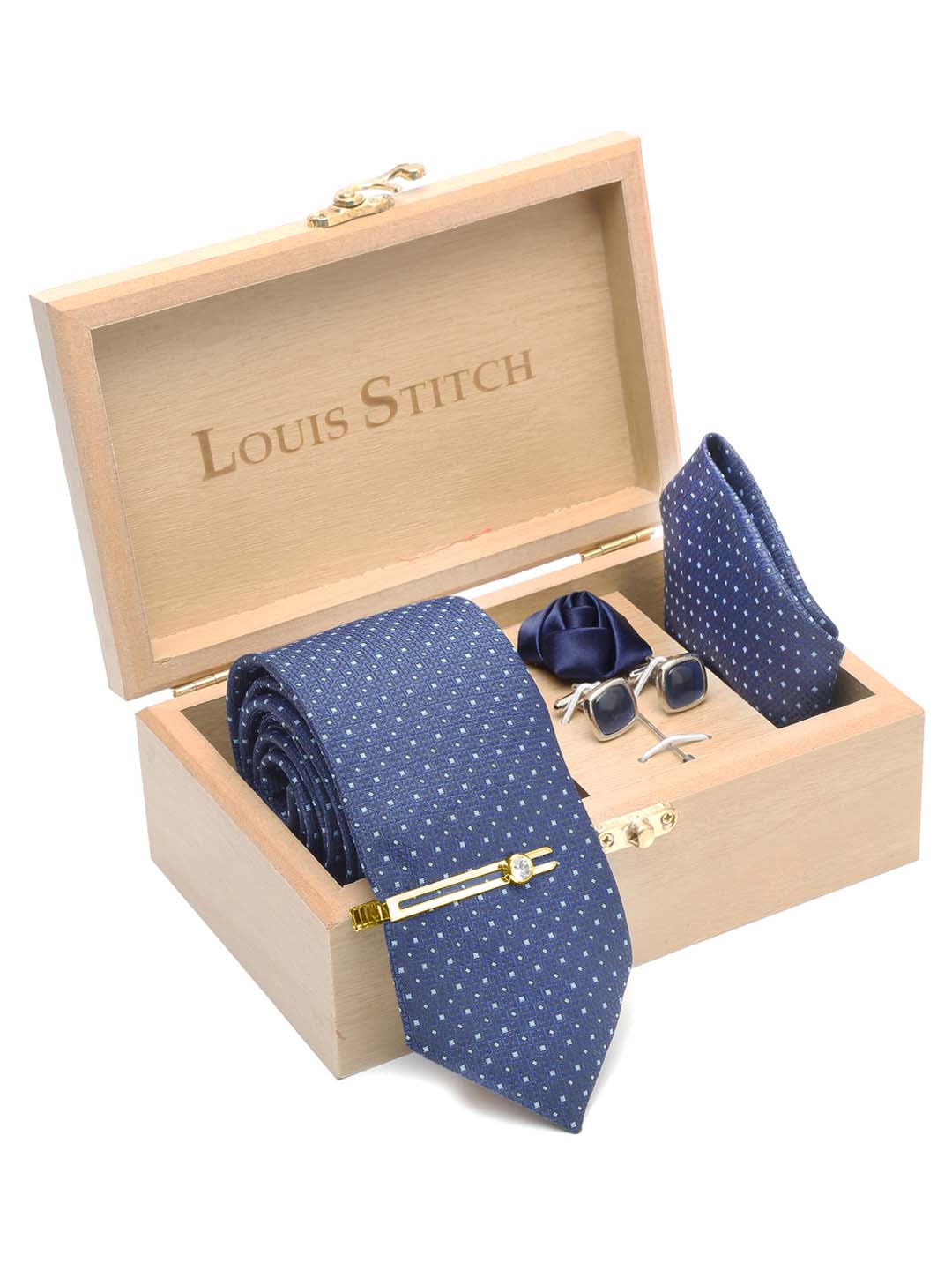 Midnight Blue Luxury Italian Silk Necktie Set With Pocket Square Cufflinks Brooch Gold Tie pin