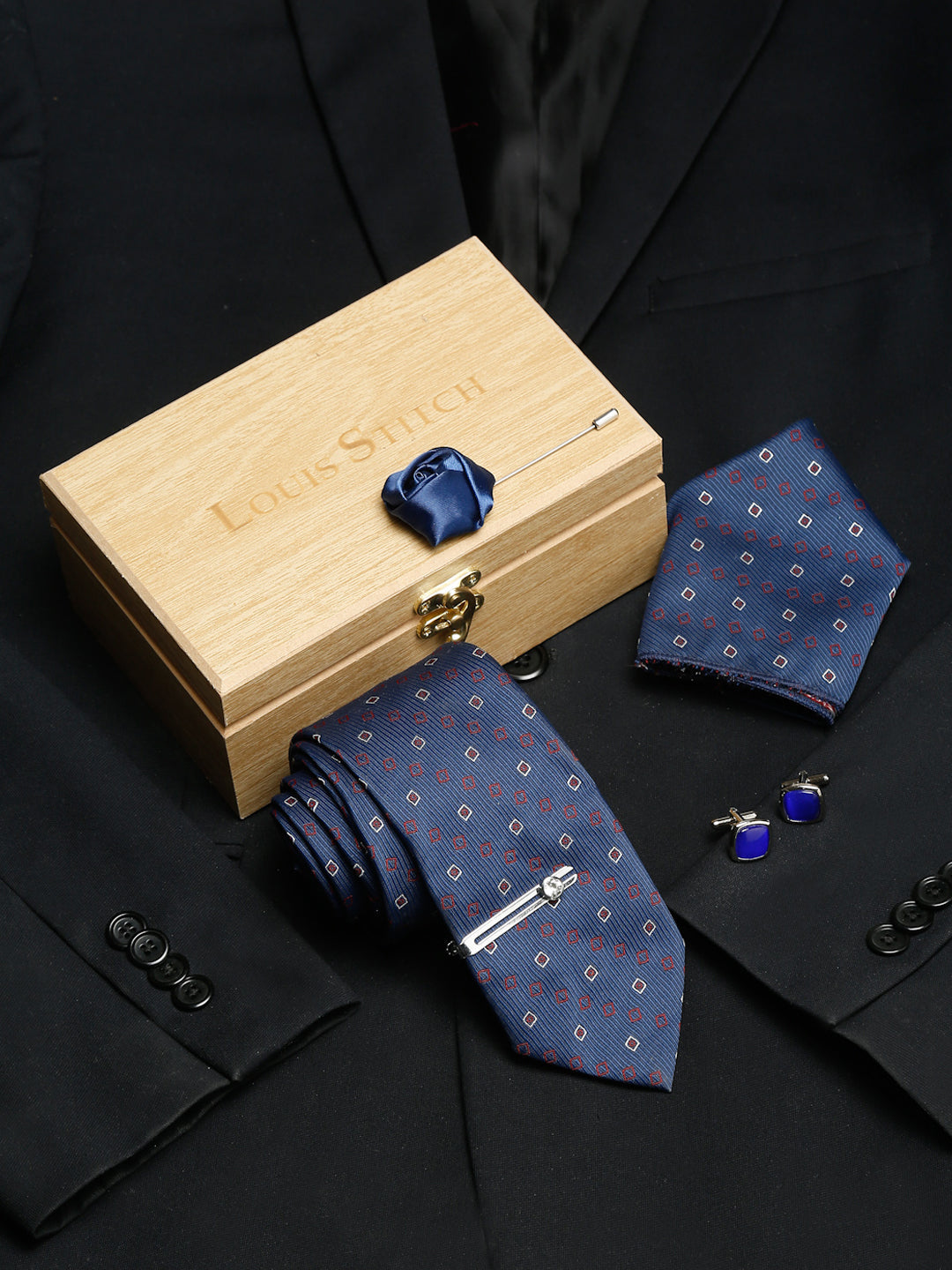 Navy Blue Luxury Italian Silk Necktie Set With Pocket Square Cufflinks Brooch Chrome Tie pin