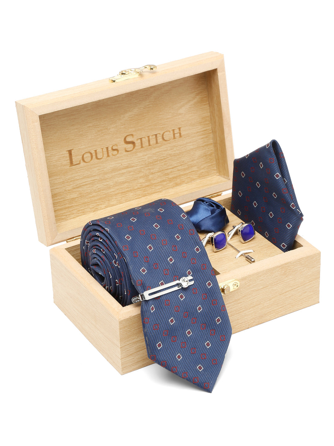 Navy Blue Luxury Italian Silk Necktie Set With Pocket Square Cufflinks Brooch Chrome Tie pin