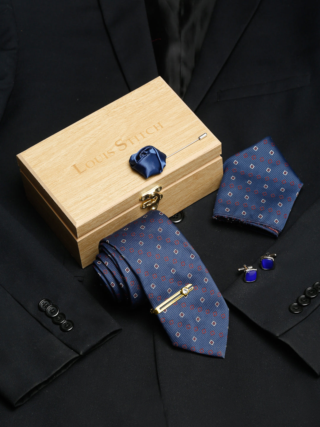 Navy Blue Luxury Italian Silk Necktie Set With Pocket Square Cufflinks Brooch Gold Tie pin