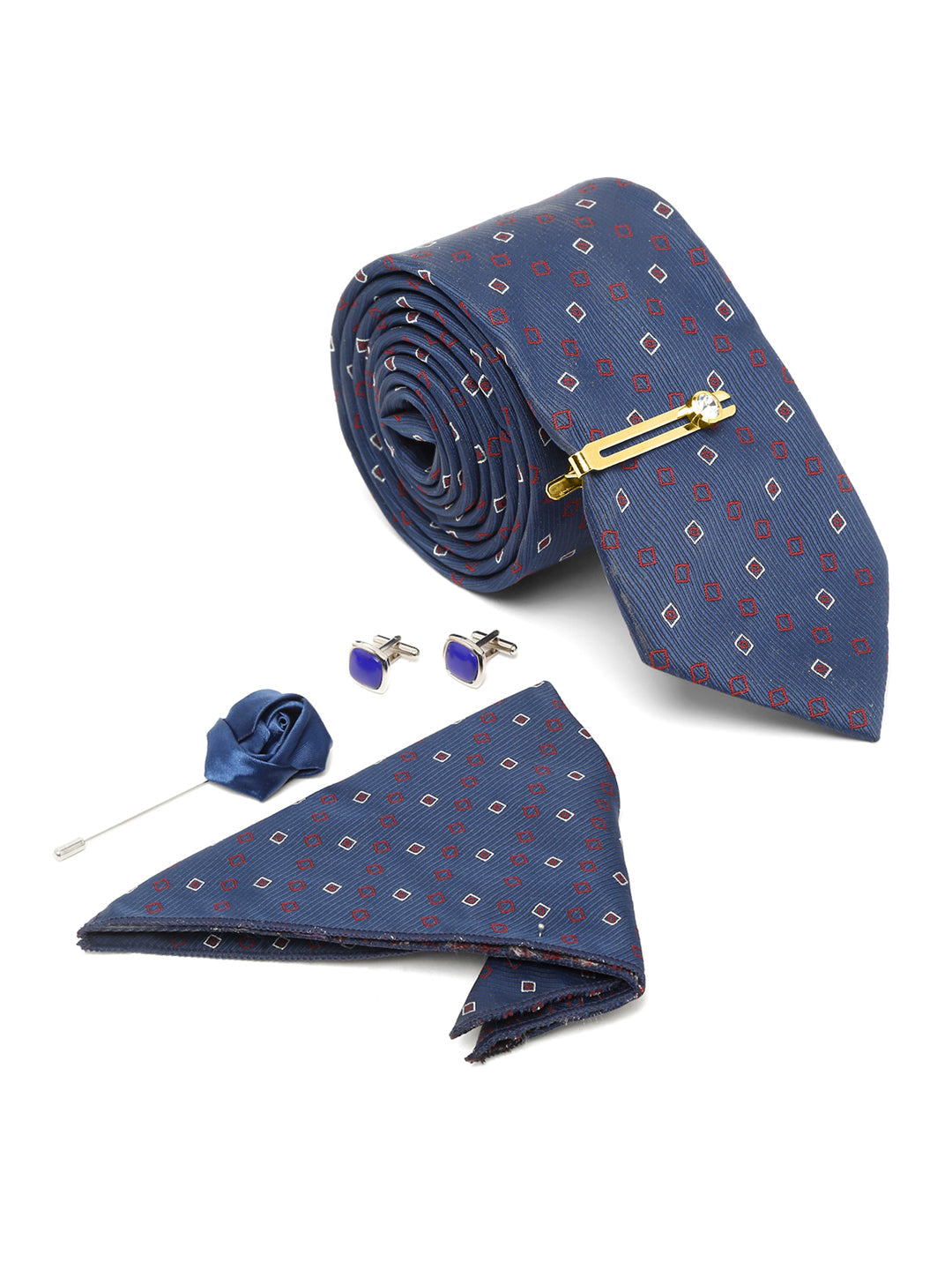 Navy Blue Luxury Italian Silk Necktie Set With Pocket Square Cufflinks Brooch Gold Tie pin