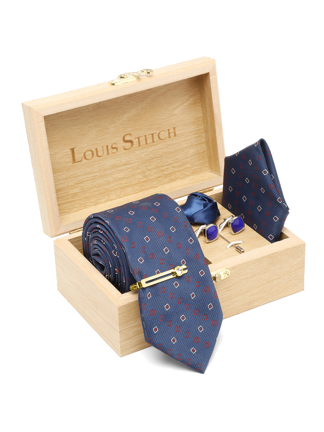 Navy Blue Luxury Italian Silk Necktie Set With Pocket Square Cufflinks Brooch Gold Tie pin