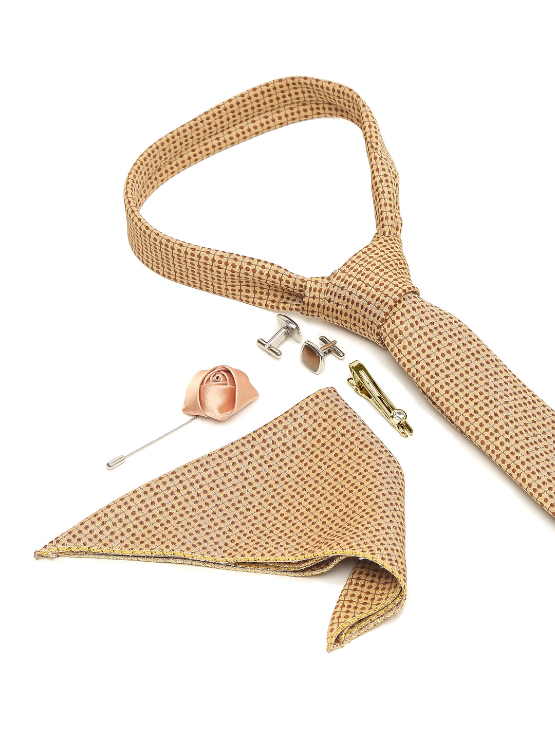 Cream Dotted Luxury Italian Silk Necktie Set With Pocket Square Cufflinks Brooch Gold Tie pin