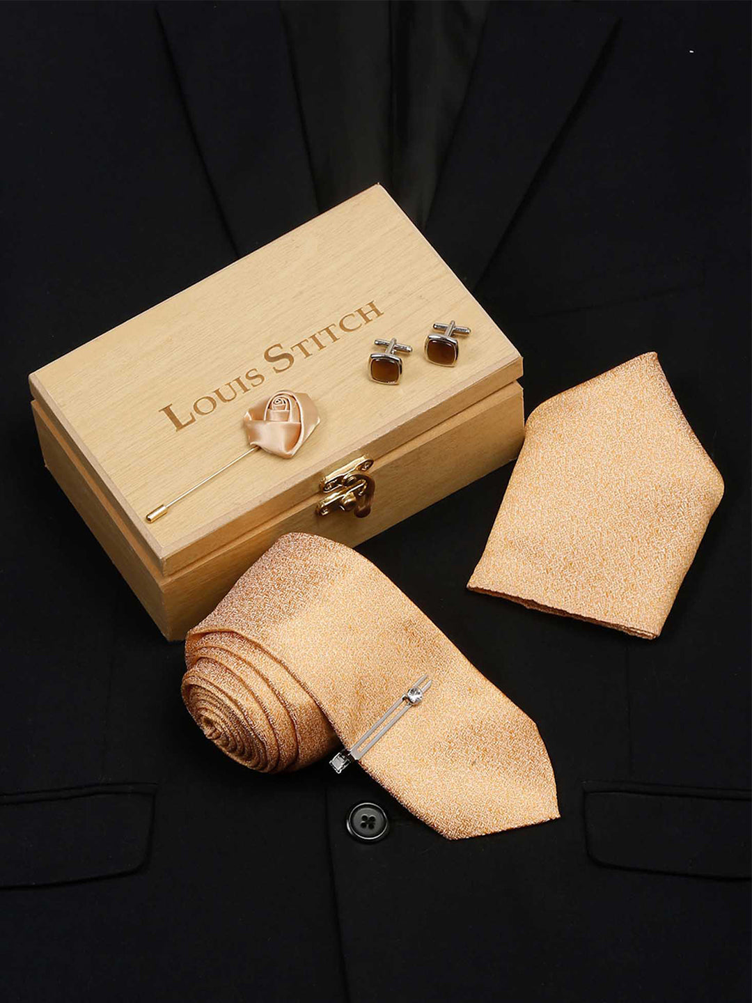 Cream Luxury Italian Silk Necktie Set With Pocket Square Cufflinks Brooch Chrome Tie pin