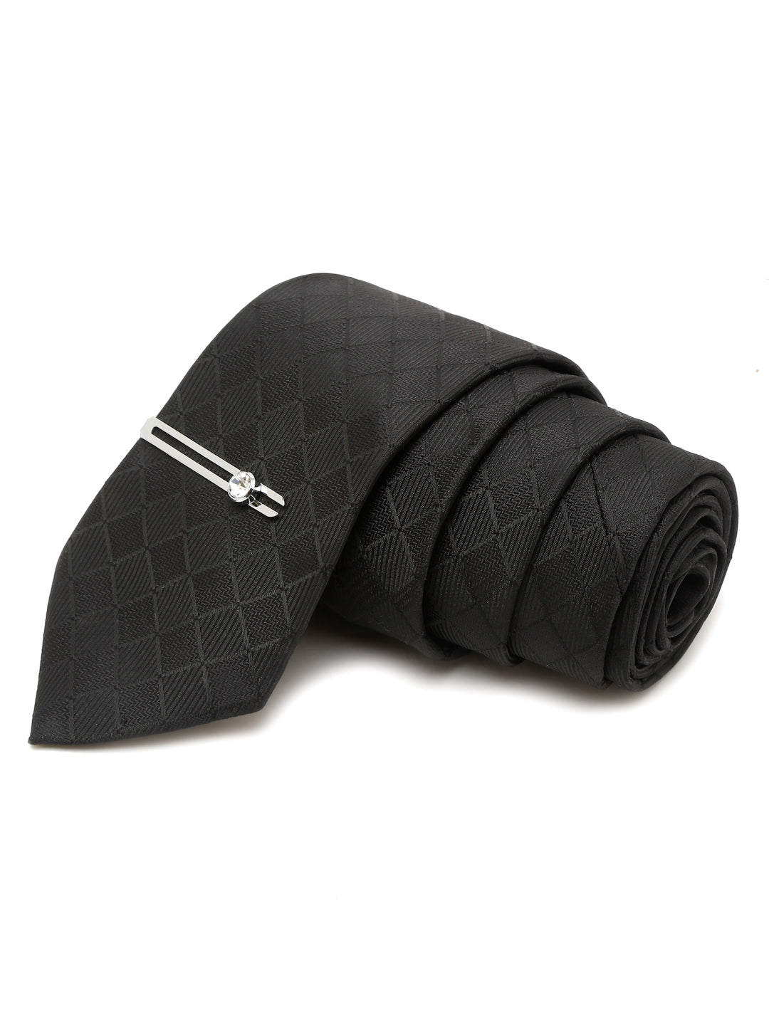 Sable Black Italian Silk Necktie Set Pocket Square Chrome Tiepin