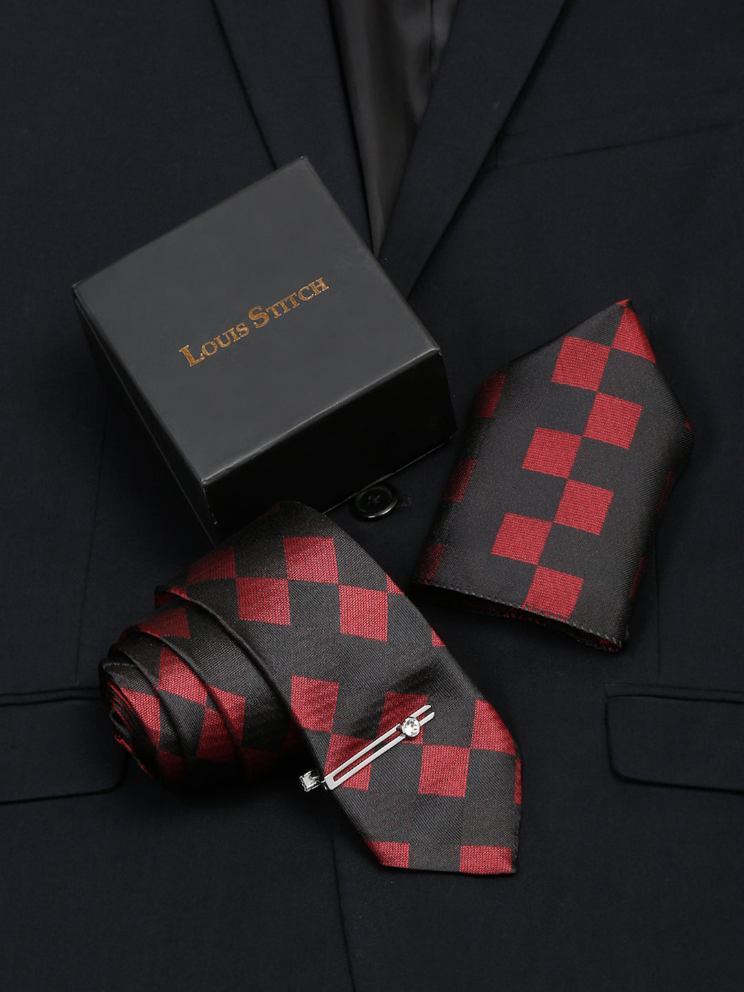  Black and Red Italian Silk Necktie Set Pocket Square Chrome Tiepin