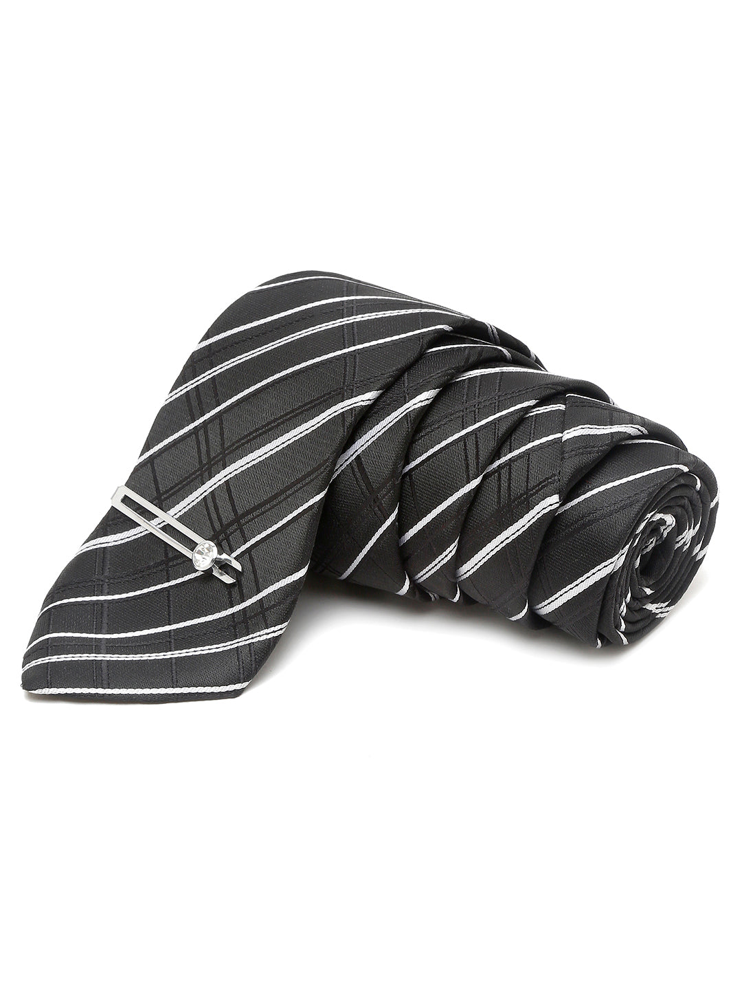 Checkered Black and White Italian Silk Necktie Set Pocket Square Chrome Tiepin