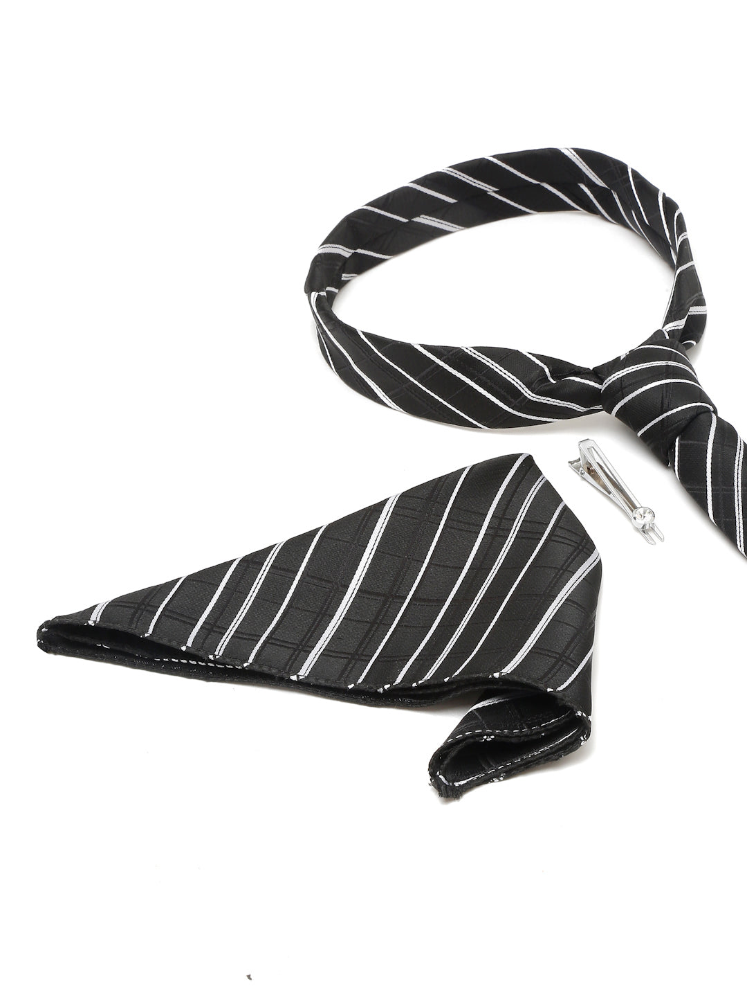 Checkered Black and White Italian Silk Necktie Set Pocket Square Chrome Tiepin