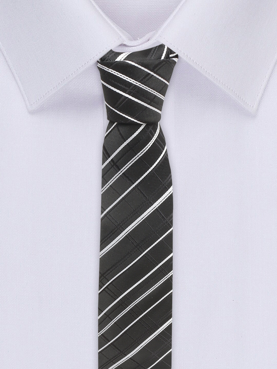 Checkered Black and White Italian Silk Necktie Set Pocket Square Chrome Tiepin