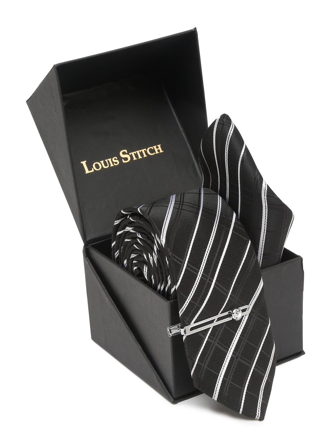 Checkered Black and White Italian Silk Necktie Set Pocket Square Chrome Tiepin