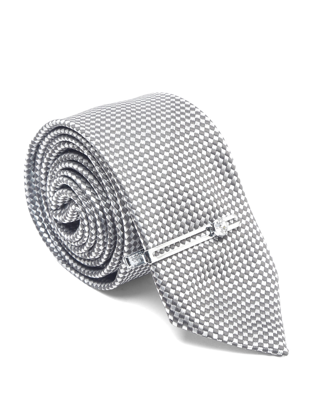 Checkered Black Luxury Italian Silk Necktie Set With Pocket Square Chrome Tie pin