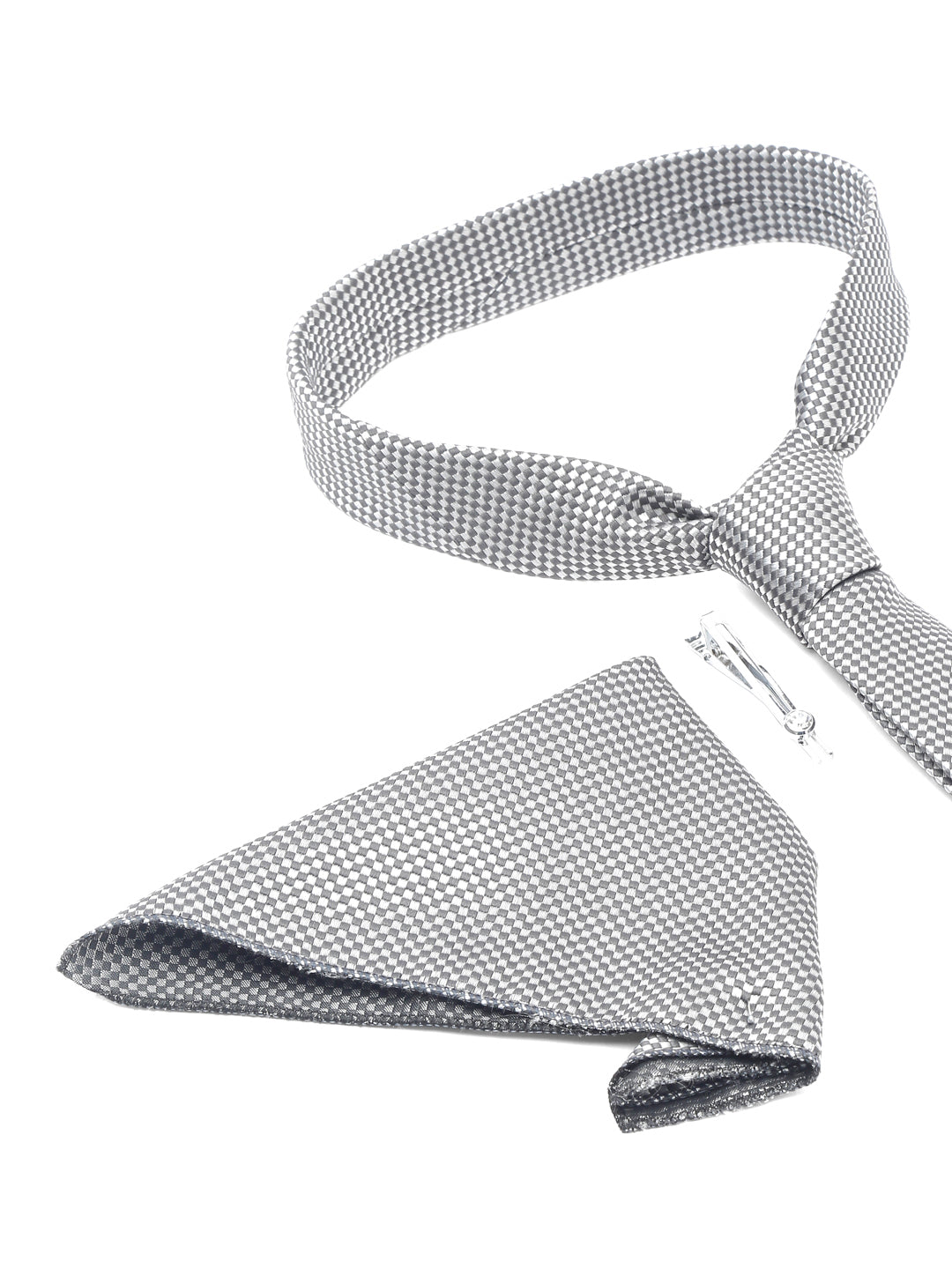 Checkered Black Luxury Italian Silk Necktie Set With Pocket Square Chrome Tie pin