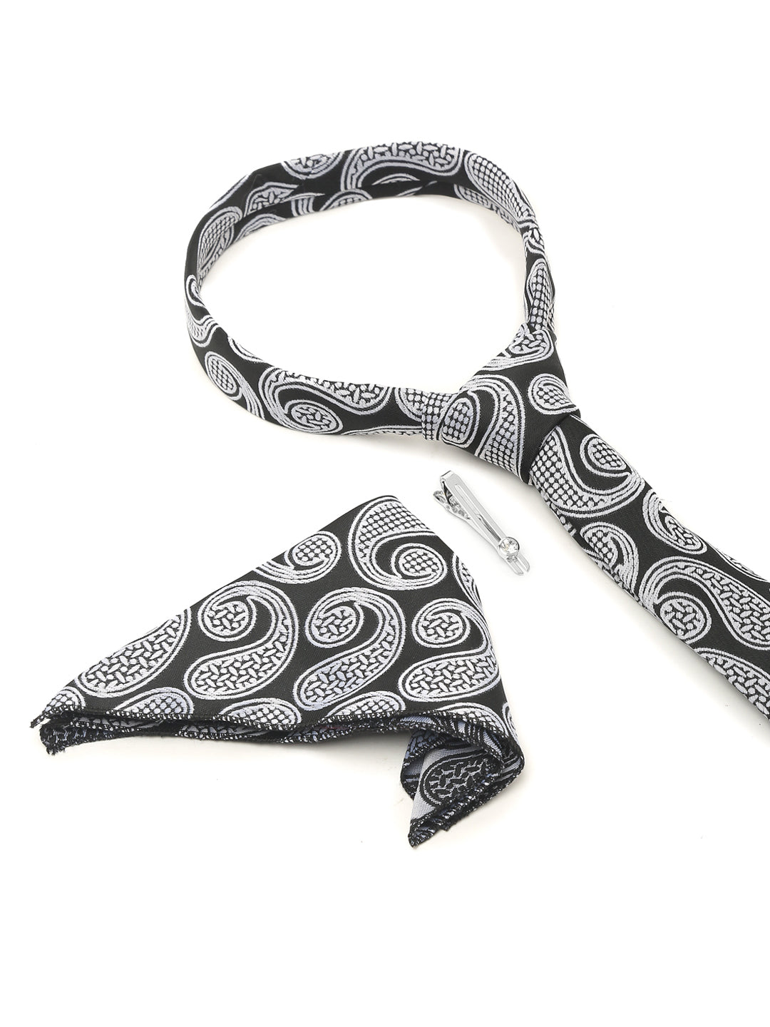 Midnight Black Luxury Italian Silk Necktie Set With Pocket Square Chrome Tie pin