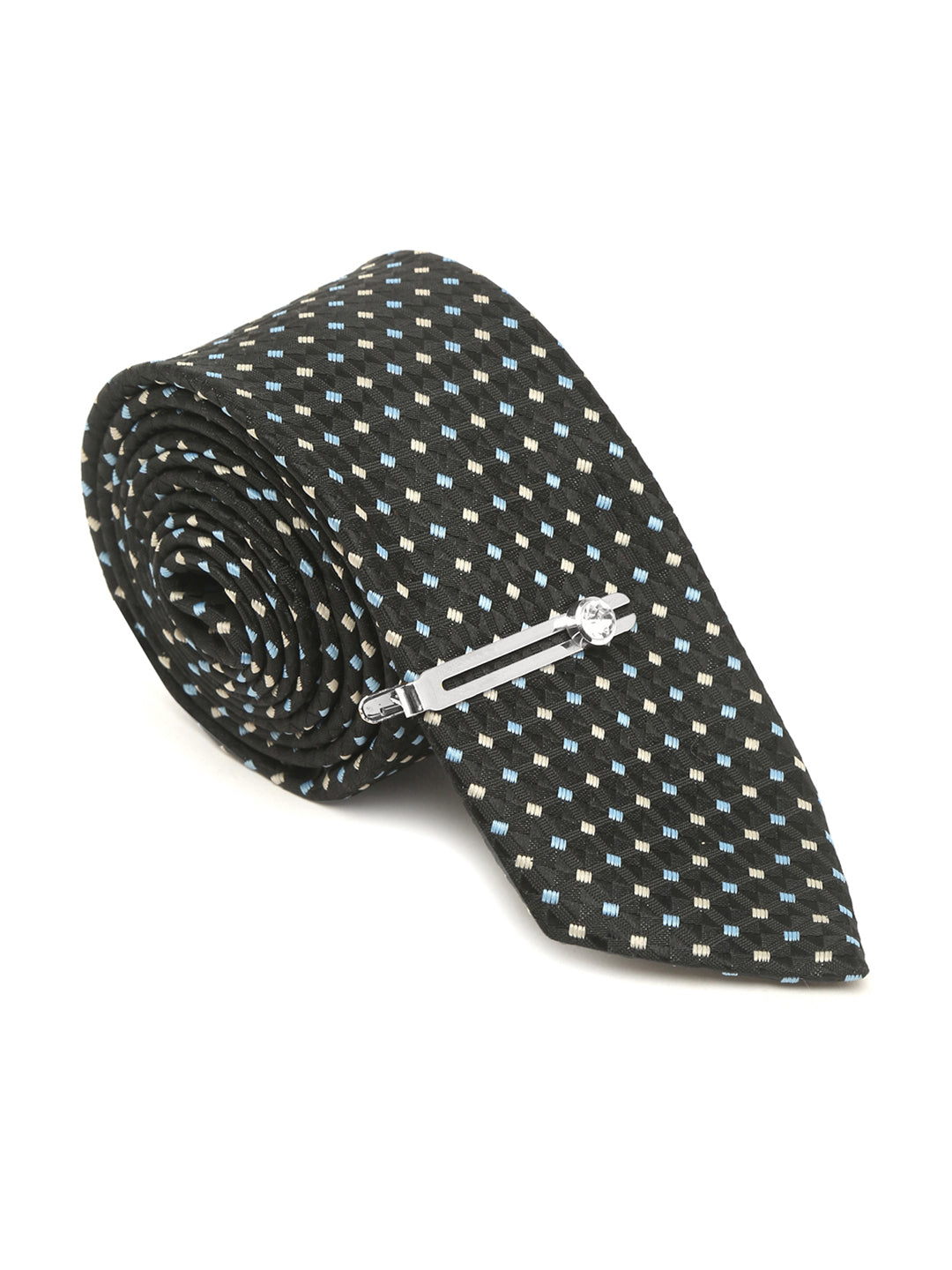 Polkia Dotted Black Luxury Italian Silk Necktie Set With Pocket Square Chrome Tie pin