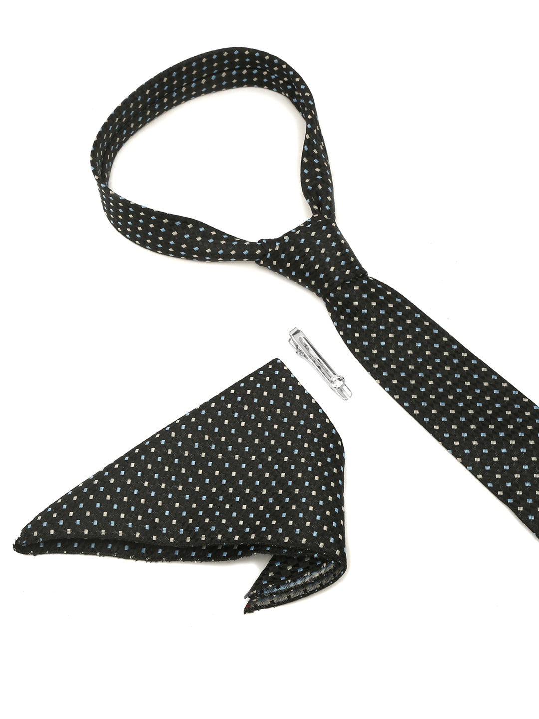 Polkia Dotted Black Luxury Italian Silk Necktie Set With Pocket Square Chrome Tie pin