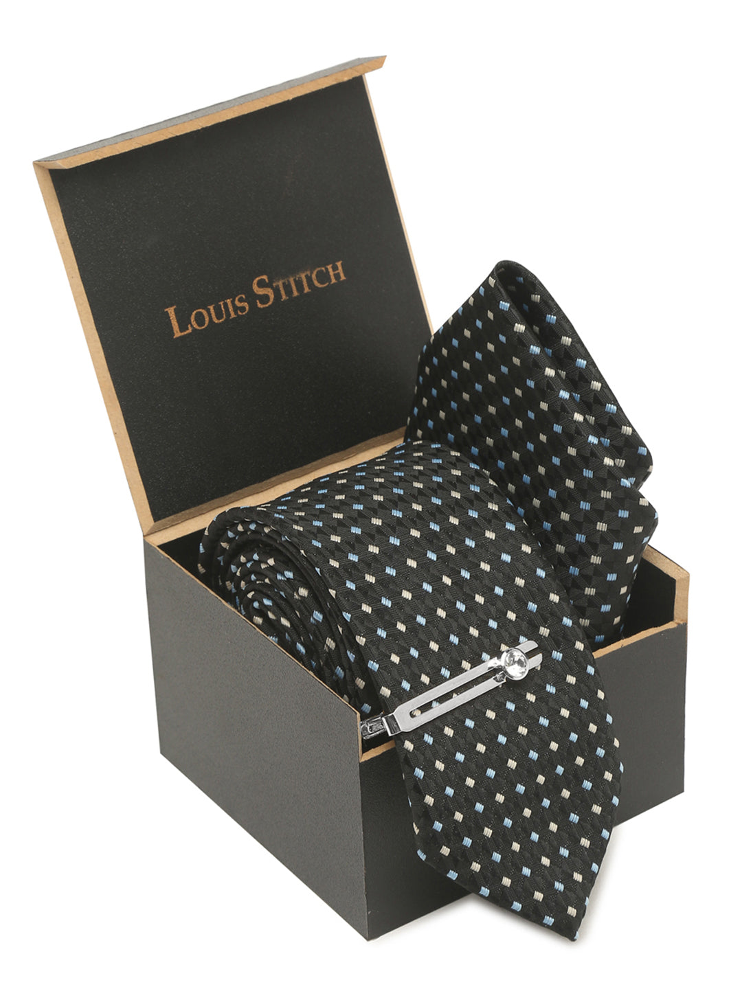 Polkia Dotted Black Luxury Italian Silk Necktie Set With Pocket Square Chrome Tie pin