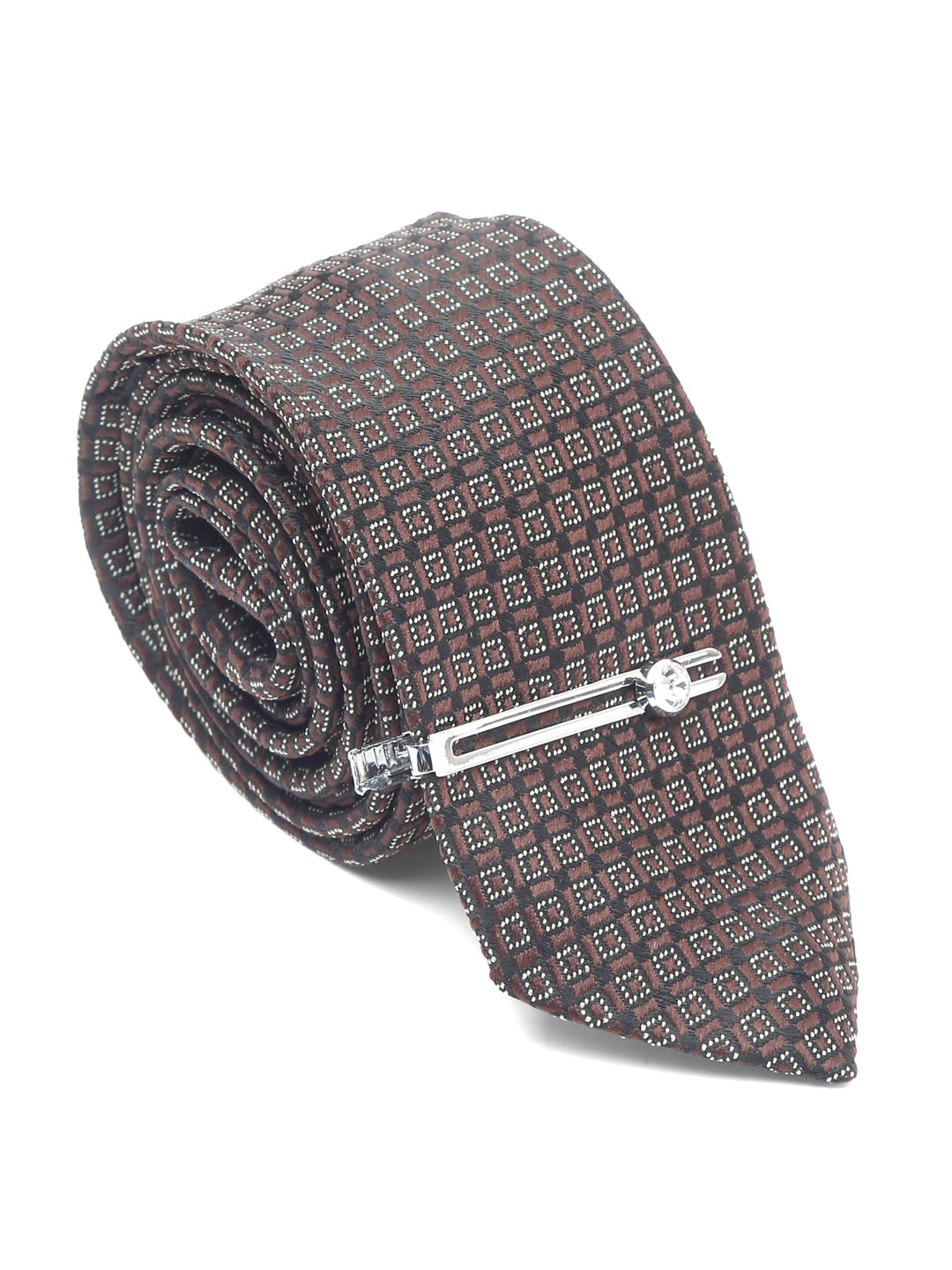 Chocolate Brown Luxury Italian Silk Necktie Set With Pocket Square Chrome Tie pin