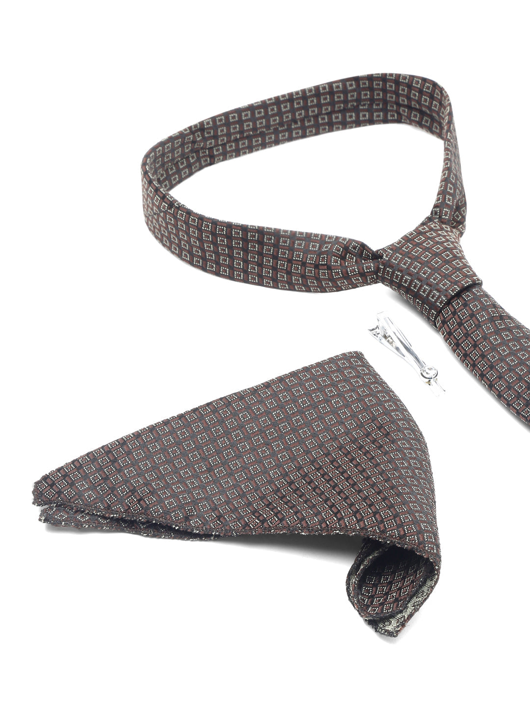 Chocolate Brown Luxury Italian Silk Necktie Set With Pocket Square Chrome Tie pin