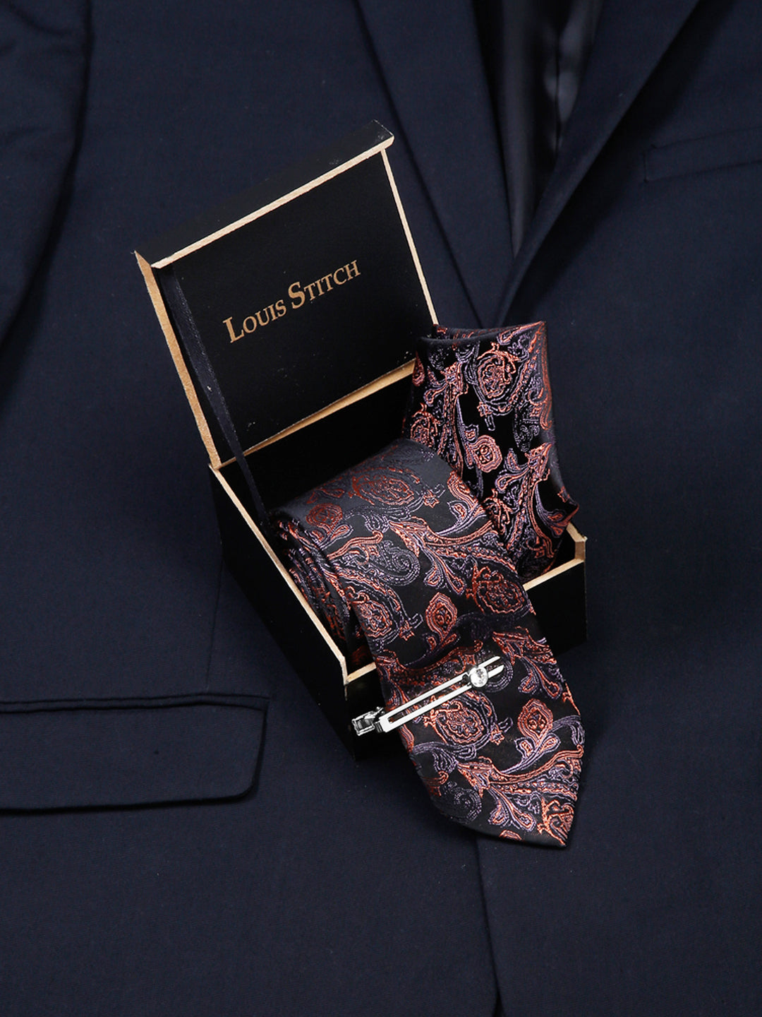 Flowral Brown Luxury Italian Silk Necktie Set With Pocket Square Chrome Tie pin