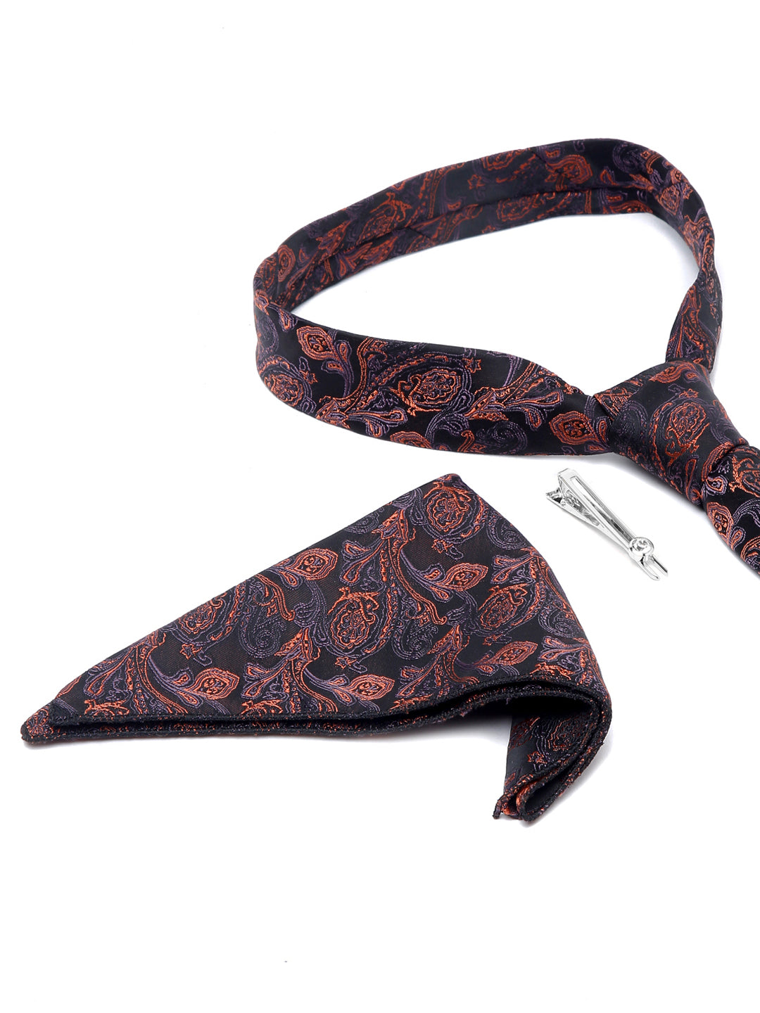 Flowral Brown Luxury Italian Silk Necktie Set With Pocket Square Chrome Tie pin