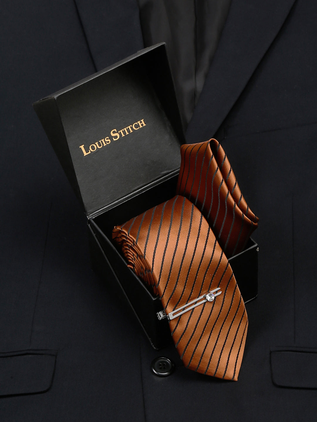 Copper Brown Italian Silk Necktie Set Pocket Square Chrome Tiepin