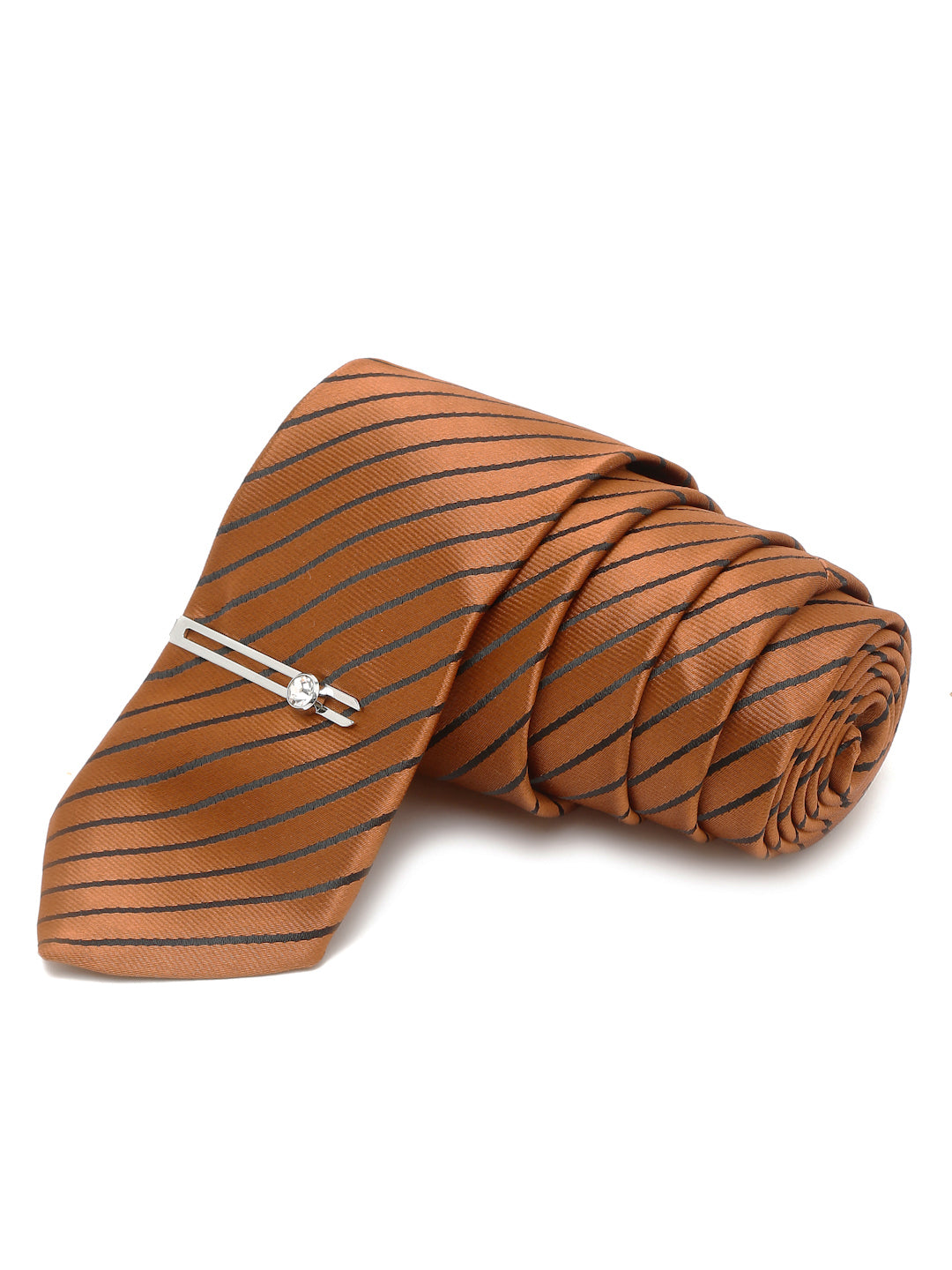 Copper Brown Italian Silk Necktie Set Pocket Square Chrome Tiepin