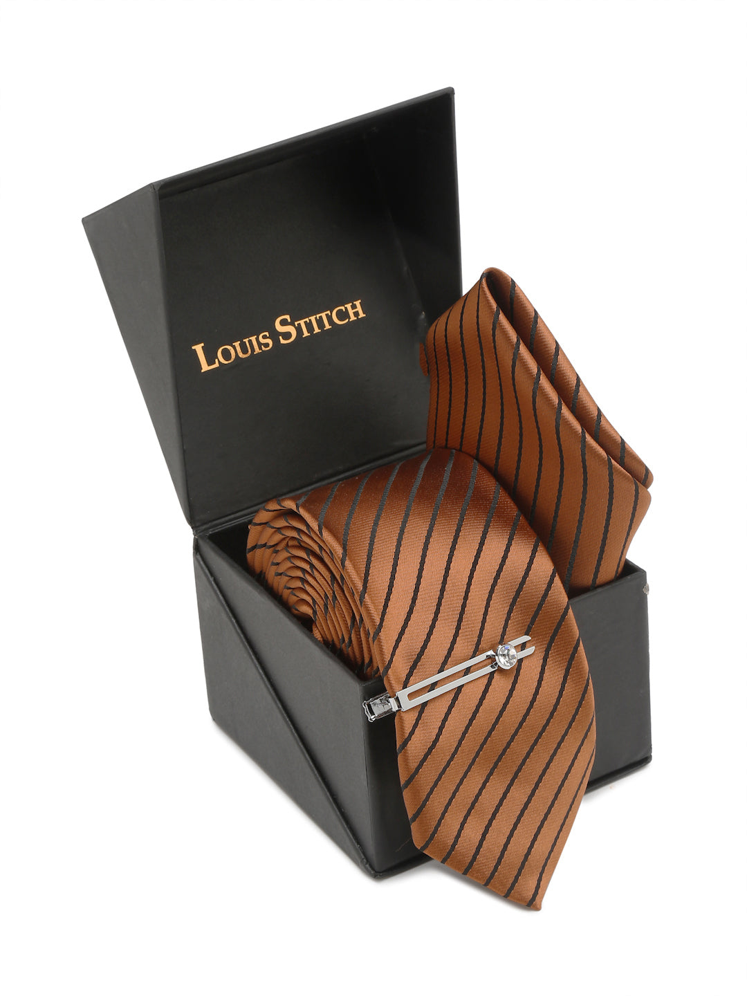 Copper Brown Italian Silk Necktie Set Pocket Square Chrome Tiepin