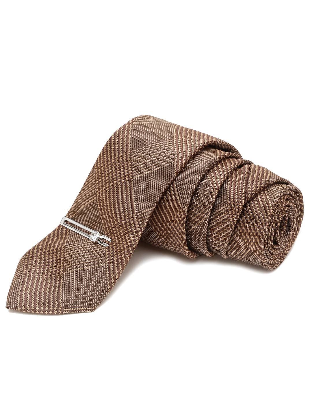 Maple Brown Italian Silk Necktie Set Pocket Square Chrome Tiepin