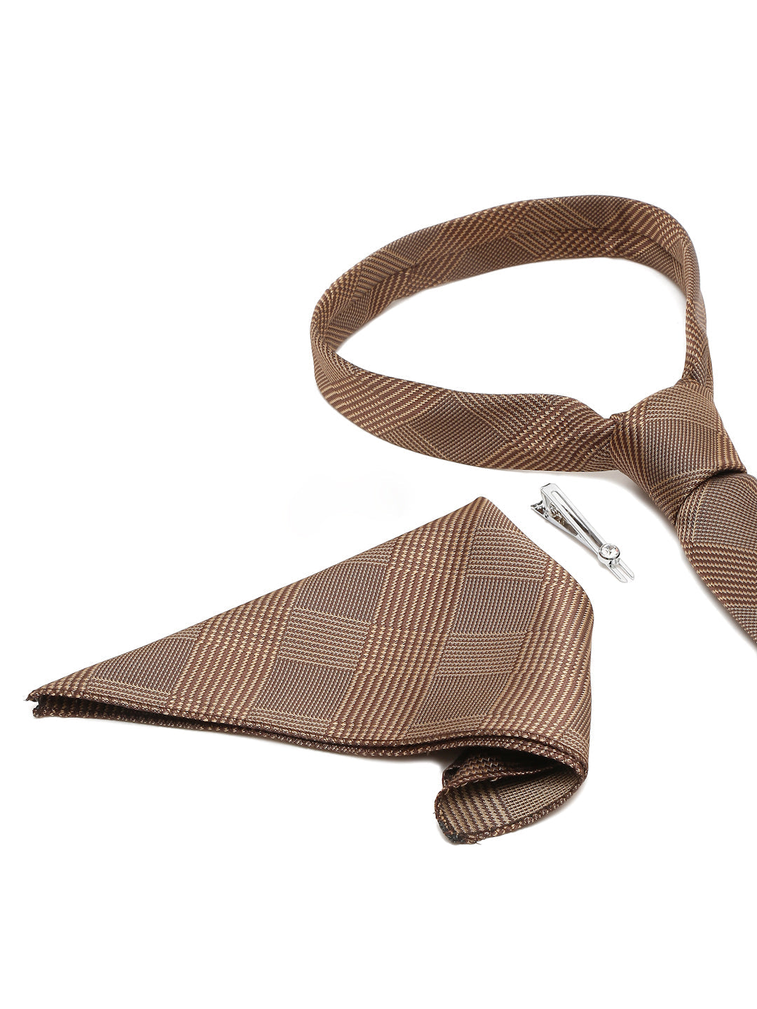 Maple Brown Italian Silk Necktie Set Pocket Square Chrome Tiepin