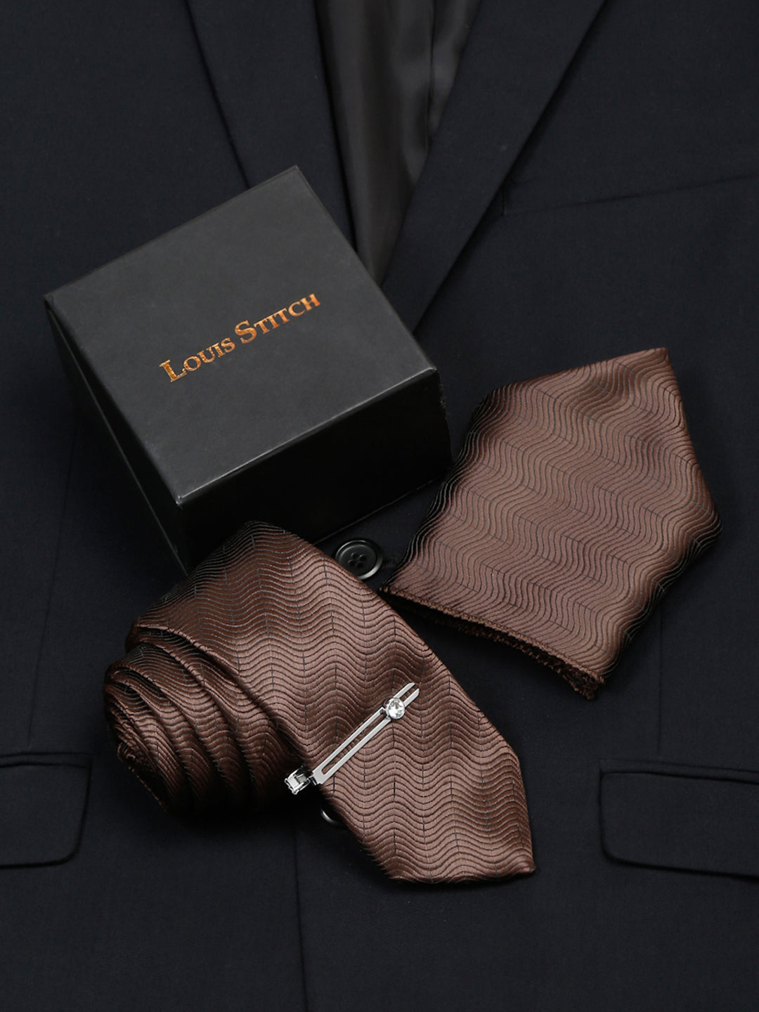  Van Dyke Brown Italian Silk Necktie Set Pocket Square Chrome Tiepin