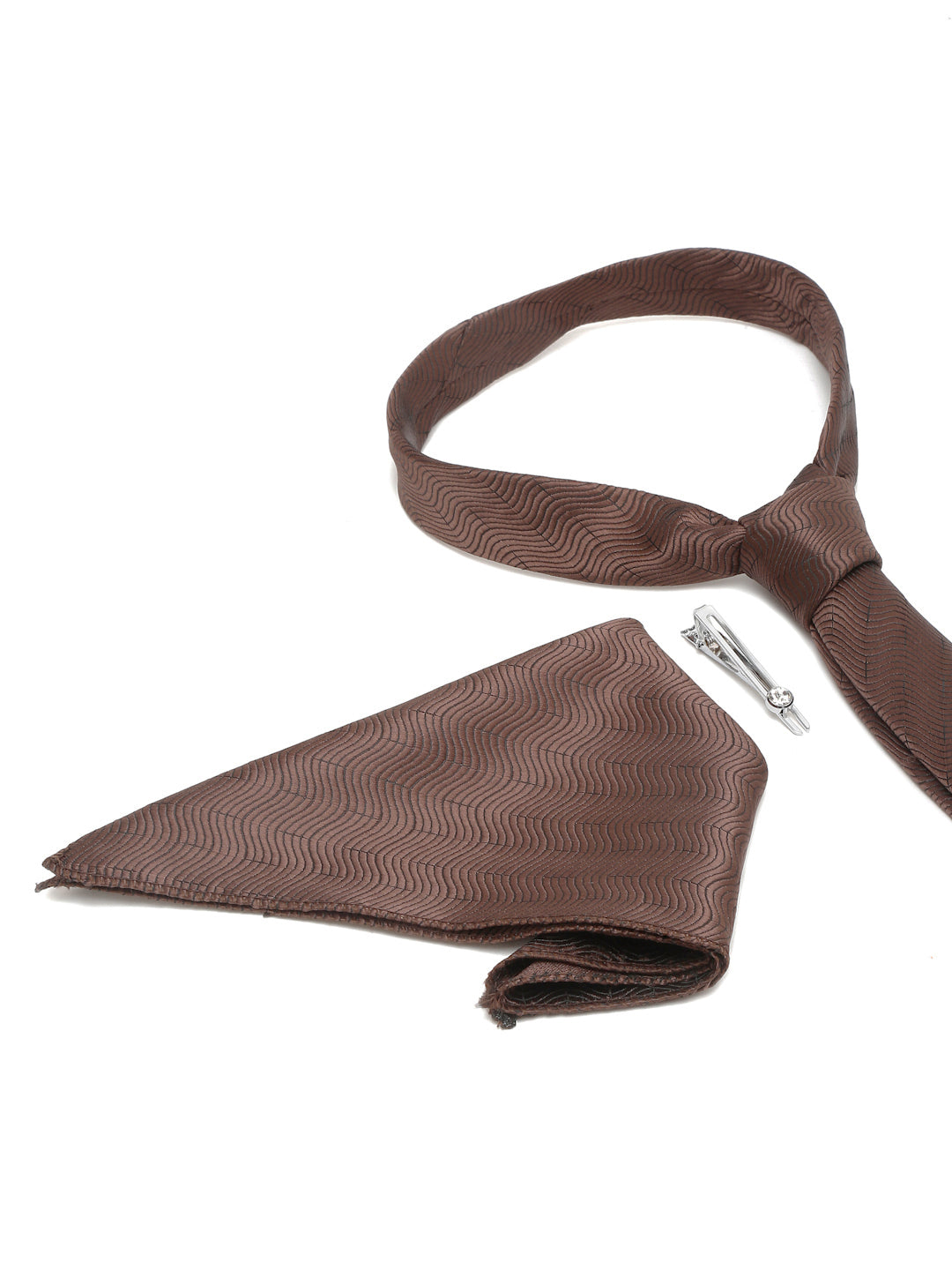 Van Dyke Brown Italian Silk Necktie Set Pocket Square Chrome Tiepin